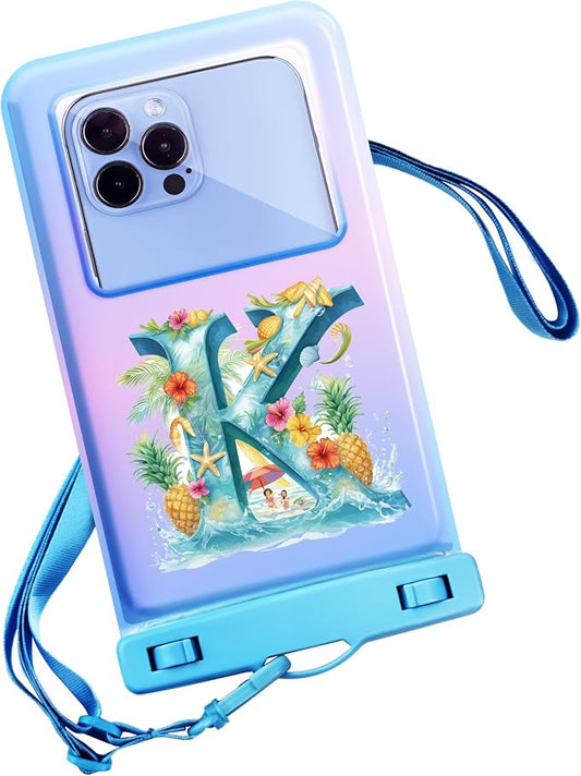 Personalized Initial Waterproof Phone Pouch Case - IPX8 Cellphone Dry Bag with Lanyard for iPhone 16/15/14/13/12 Pro Max (6.1–6.9"), Beach & Cruise Ship Essentials with Monogrammed Design (Blue, K)