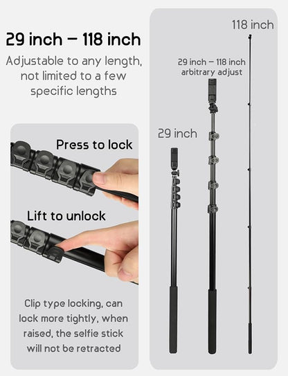 BMZX 118" Long Selfie Stick for 360 Cameras GoPro,9.8ft with Wireless Remote, Selfie Stick for iPhone, Android, Fit for Insta360 X5, X4, GoPro,DJI Action 5 Pro Osmo Pocket 3(29 to 118")