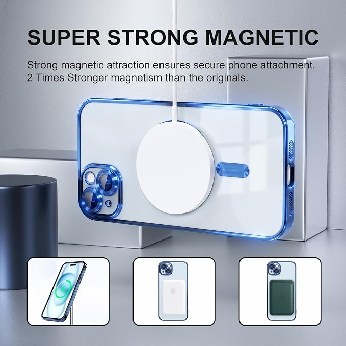 Misea Magnetic for iPhone 15 Case Compatible with MagSafe [Never Yellowing] [Military Grade Drop Protection] Full Camera Lens Protector Plating Soft Clear Phone Case for Women, Deep Blue