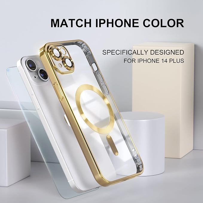 Misea Magnetic for iPhone 14 Plus Case Compatible with MagSafe [Never Yellowing] [Military Grade Drop Protection] Full Camera Lens Protector Plating Soft Clear Phone Case for Women Girls, Gold