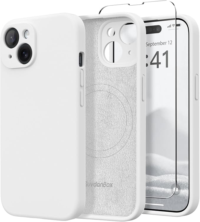 Magnetic for iPhone 15 Case, Compatible with MagSafe, [Screen Protector + Full Camera Protection], Silicone Shockproof Anti-Scratch Protective Phone Case for iPhone 15 6.1", White