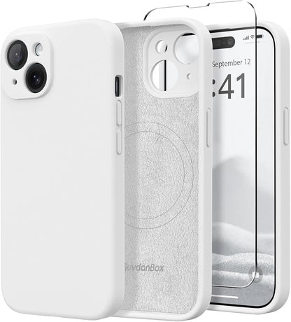 Magnetic for iPhone 15 Case, Compatible with MagSafe, [Screen Protector + Full Camera Protection], Silicone Shockproof Anti-Scratch Protective Phone Case for iPhone 15 6.1", White