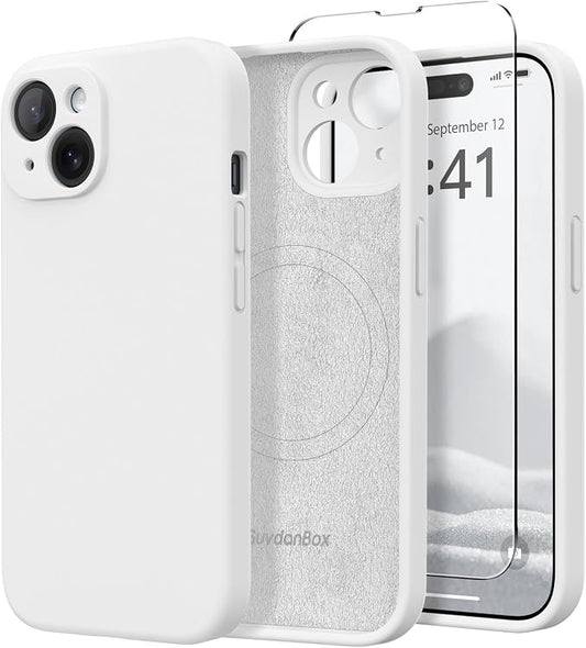 Magnetic for iPhone 13 Case, Compatible with MagSafe, [Full Camera Protection][Screen Protector] Silicone Shockproof Protective Phone Case for iPhone 13 6.1", White