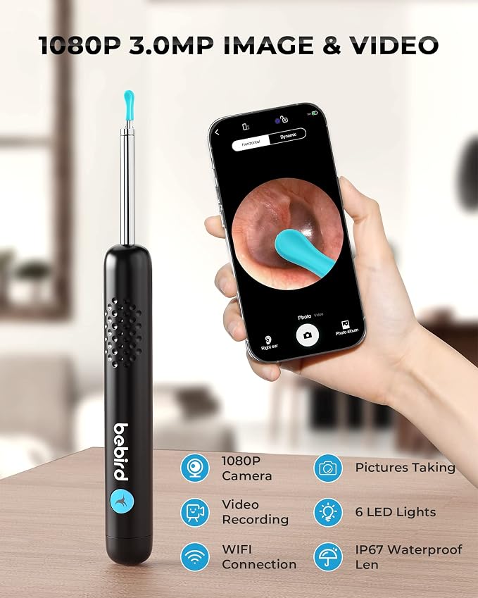 Ear Wax Removal Tool Camera, R1 Upgraded Anti-Fall Off Eartips Ear Cleaner, Wireless Otoscope with 1080P Waterproof Ear Camera, Earwax Removal Kit for iPhone, Android, Black