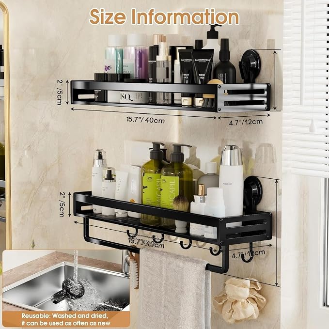 Shower Caddy Suction Cup, 15.7 inch 2 Pack Suction Shower Shelf with Hooks NO-Drilling Bathroom Holder, Rustproof Bathroom Organizer, Black,Includes 2 Extra Suction Cups for Replacement Use