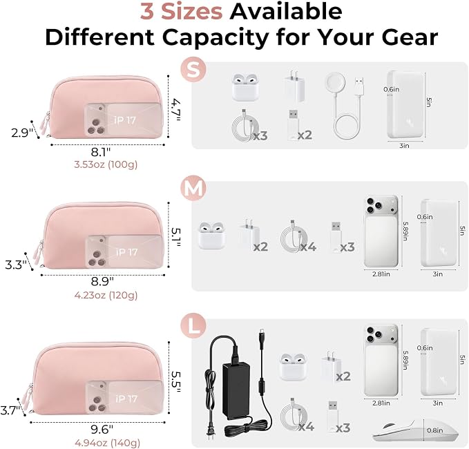 FYY Travel Cable Organizer - 8 Compartments, Lightweight, Water Repellent | With Wrist Strap, Portable Tech Pouch for Cord Charger, Travel and Business Trips Use, Soft Shell Nylon, Pink (Medium)