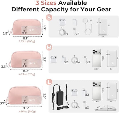 FYY Travel Cable Organizer - 8 Compartments, Lightweight, Water Repellent | With Wrist Strap, Portable Tech Pouch for Cord Charger, Travel and Business Trips Use, Soft Shell Nylon, Pink (Large)