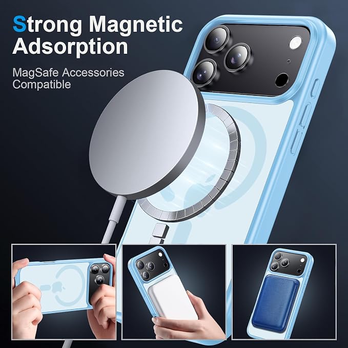 Strong Magnetic for iPhone 17 Pro Case with Camera Lens Protector [ Military-Grade Protection] Compatible with MagSafe Shockproof Slim Thin Cover case for iPhone 17 Pro 6.3 inch, Light Blue
