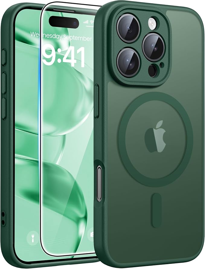 FNTCASE for iPhone 16 Pro Case: [Compatible with Magsafe] Translucent Matte Cases with [Full Camera Protection] [Screen Protector] Military Grade Shockproof Protective Phone Cover - Green
