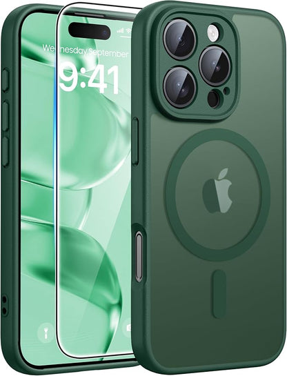 FNTCASE for iPhone 16 Pro Case: [Compatible with Magsafe] Translucent Matte Cases with [Full Camera Protection] [Screen Protector] Military Grade Shockproof Protective Phone Cover - Green