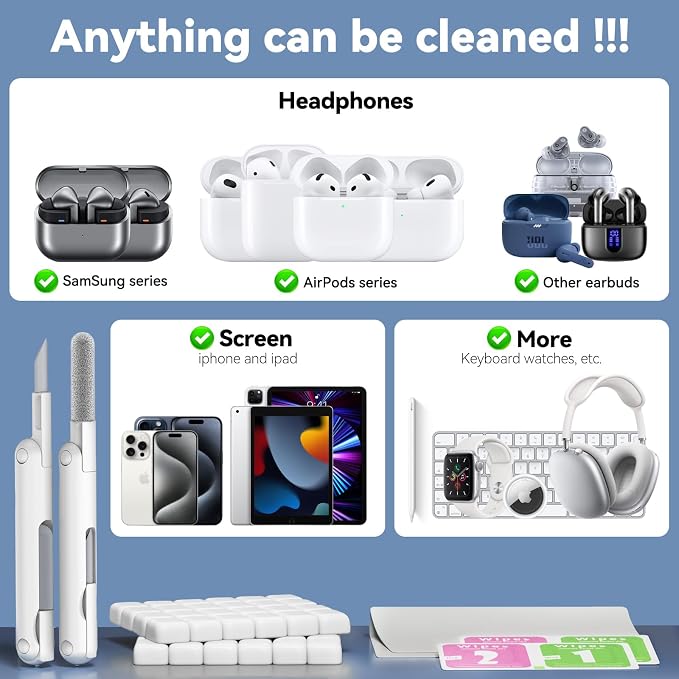 for Airpods Cleaner Kit,Bluetooth Earbuds 3 in 1 Multi-Function Cleaning Pen and Cleaning Putty,for Airpods Pro Phone Charging Port,Earbuds,Headphone, iPod,Case,iPhone,ipad,Laptop (White)