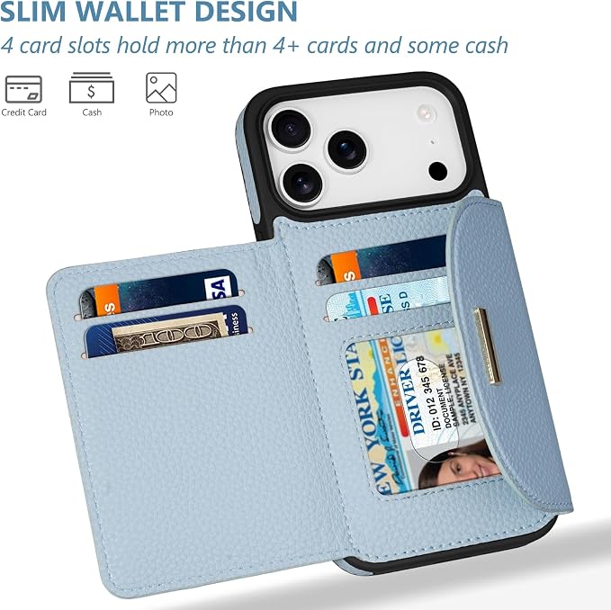 Keallce Wallet Case for iPhone 17 Pro Max 6.9'', Flip Case with RFID Blocking Card Holder Slots Kickstand, PU Leather Protective Folio Cover for Women, Blue