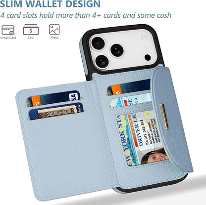 Keallce Wallet Case for iPhone 17 Pro Max 6.9'', Flip Case with RFID Blocking Card Holder Slots Kickstand, PU Leather Protective Folio Cover for Women, Blue
