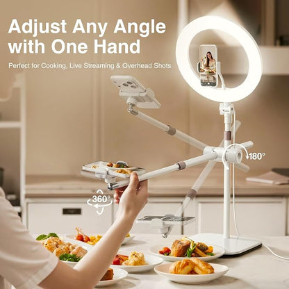 Overhead-Phone-Mount,Stable Overhead-Camera-Mount-Stand [Anti-Shaking] with 10.5" Ring Light, Flexible Desk-Stand for iPhone with Ring-Light for Video-Recording,Zoom Meeting,YouTube,TikTok, White