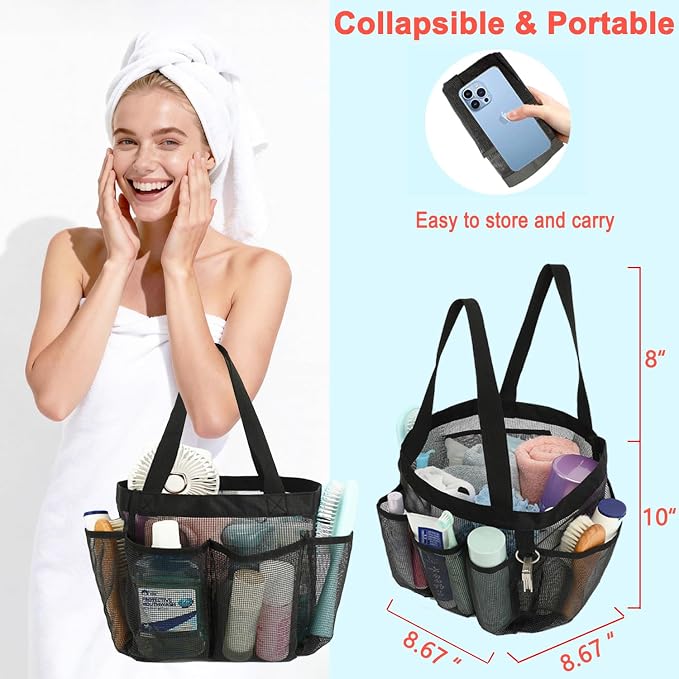 Fammart Mesh Shower Caddy Portable for College Dorm Room Essentials, 8-Pocket Large Shower Basket Tote Bag with 2 Handles for Toiletry, Bathroom, Beach, Camp, Gym
