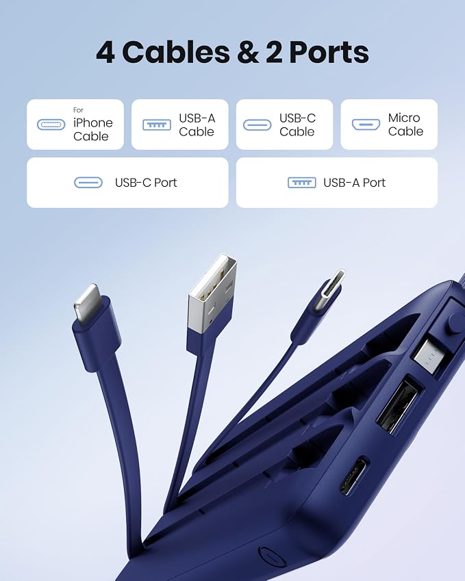 Portable Power Bank, Compact 10000mAh Portable Charger with 4 Cables, USB C Battery Pack 5 Outputs 2 Inputs LED Display Compatible with iPhone/Android & More (Navy Blue)
