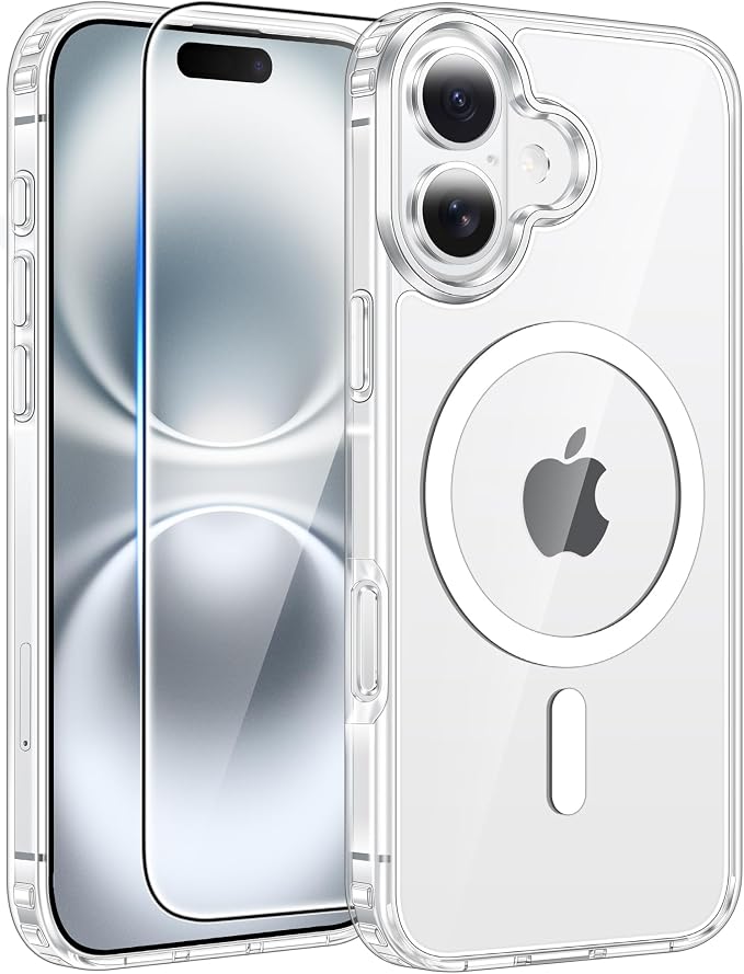 FNTCASE for iPhone 16 Case: [Compatible with Magsafe] [Screen Protector] Anti Yellowing Transparent Clear Magnetic Phone Cover - Military Grade Shockproof Drop Proof Protective Cases - Clear
