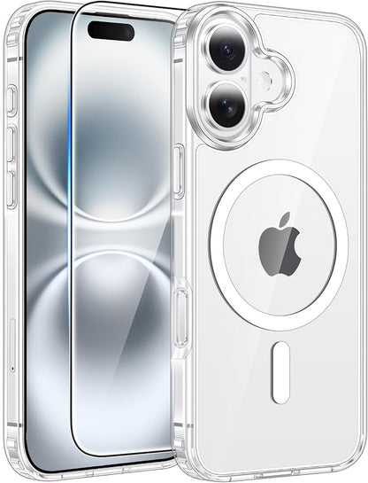 FNTCASE for iPhone 16 Case: [Compatible with Magsafe] [Screen Protector] Anti Yellowing Transparent Clear Magnetic Phone Cover - Military Grade Shockproof Drop Proof Protective Cases - Clear
