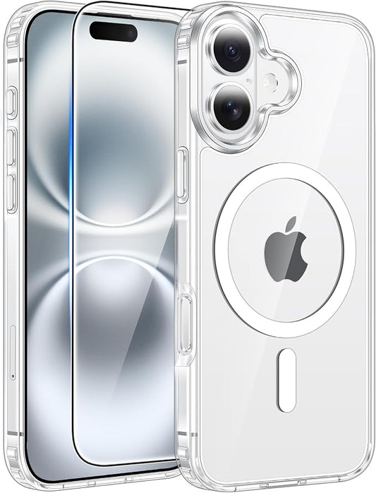 FNTCASE for iPhone 16 Case: [Compatible with Magsafe] [Screen Protector] Anti Yellowing Transparent Clear Magnetic Phone Cover - Military Grade Shockproof Drop Proof Protective Cases - Clear