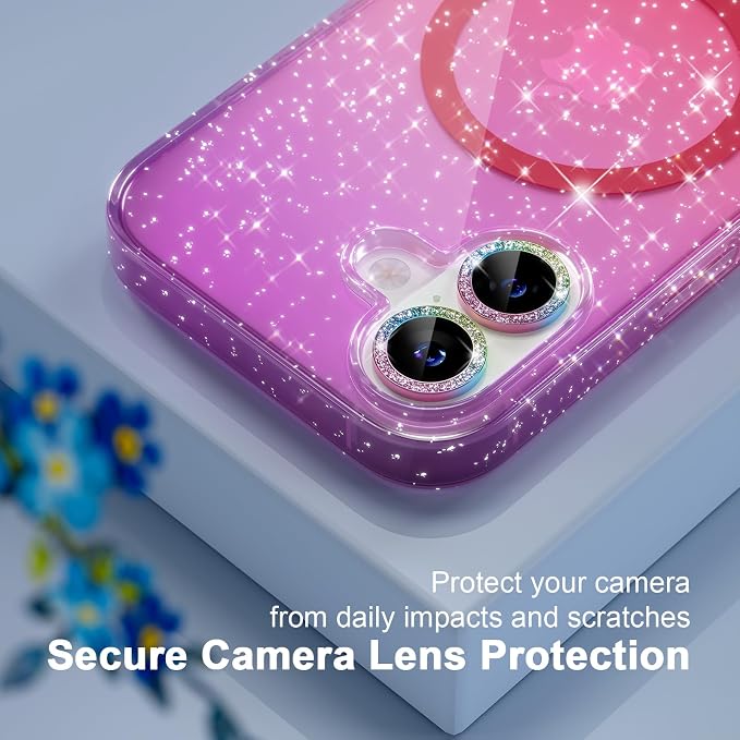 Choiche Magnetic for iPhone 17 Case Compatible with MagSafe, Women Cute Glitter Sparkly Phone Case with Diamond Camera Lens Protectors, Military-Grade Drop Protection 6.3" (Purple/Pink)