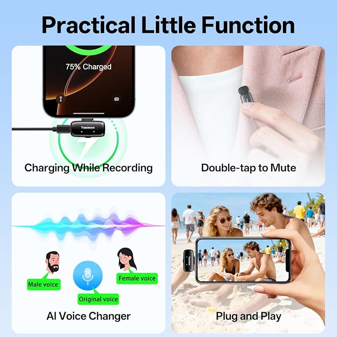 2 Sets Mini Wireless Microphone for iPhone ipad Android, Noise Reduction and Mute, 33h Charging Case, AI Voice Changer, Mini Lapel Mic for Video Recording, Vlogging, YouTube