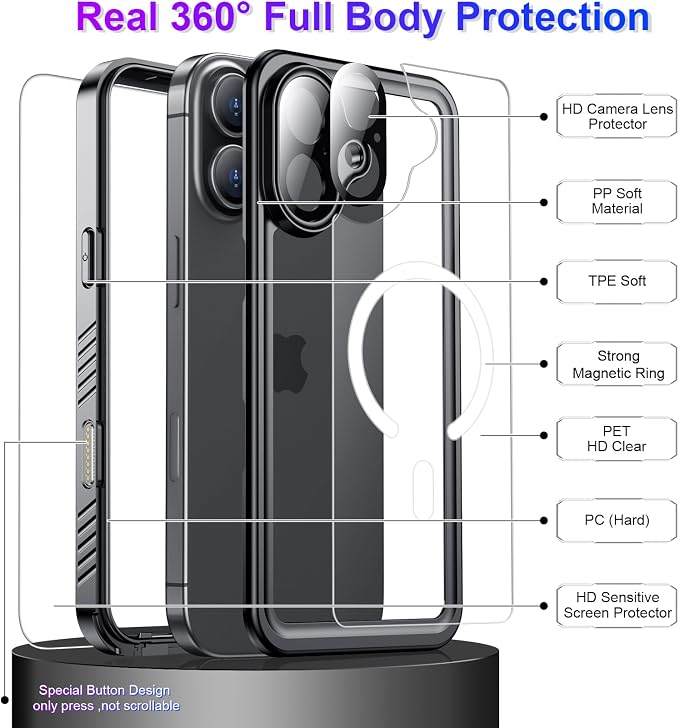 Temdan Magnetic Compatible with iPhone 17 Case,Waterproof Built-in Screen & Camera Protector IP68 Underwater Full Body 17FT Military Dropproof Shockproof Phone Case 6.3"-Mag/Black