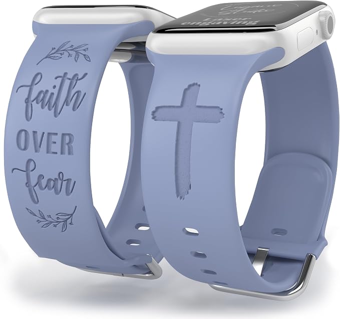Faith Over Fear Watch Band compatible with Apple Watch Laser Engraved iWatch Band Silicone 38mm 40mm 41mm 42mm 44mm 45mm 49mm Strap Jesus Psalm Christian God (38/40/41/42mm S/M, Lavender Grey)