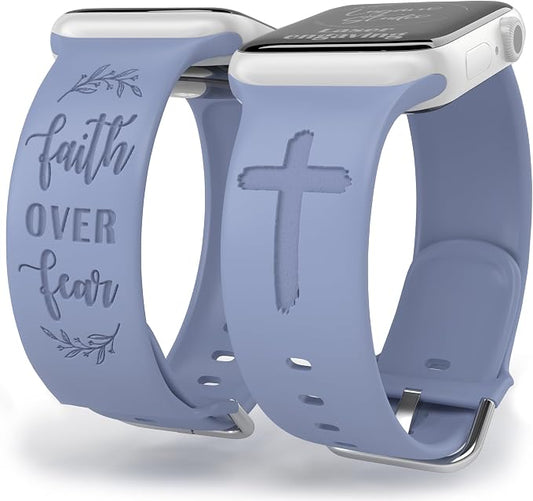 Faith Over Fear Watch Band Compatible with Apple Watch Laser Engraved iWatch Band Silicone 38mm 40mm 41mm 42mm 44mm 45mm 49mm Strap Jesus Psalm Christian God (44/45/49mm S/M, Lavender Grey)