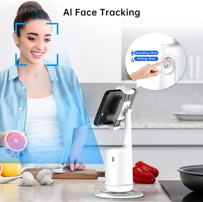 Auto Tracking Phone Holder, Auto Face Tracking Tripod, Portable All-in-one Smart Selfie Stick 360 Rotation Fast Face & Object Tracking Cameraman Robot Mount for Phone Video Vlog Live Streaming(White)