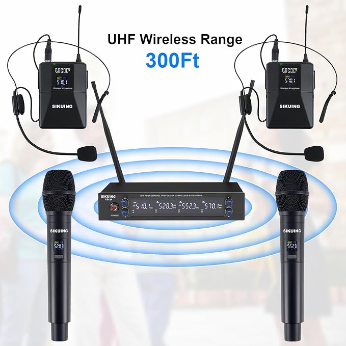 4 Channel UHF Wireless Microphone System with Lavalier Headset Mics, 4x50 Adjustable Frequencies, Ideal for Karaoke Meeting Church, 300ft Range