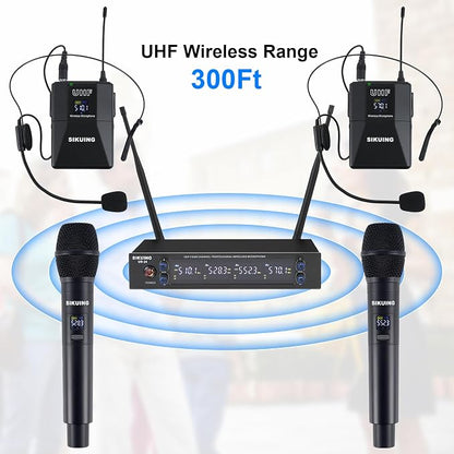 4 Channel UHF Wireless Microphone System with Lavalier Headset Mics, 4x50 Adjustable Frequencies, Ideal for Karaoke Meeting Church, 300ft Range