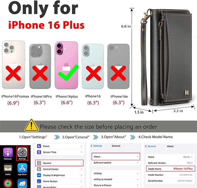 Wallet Case for iPhone 16 Plus with Card Holder/Crossbody Wallet/Strap| RFID Blocking | Magnetic | Kickstand | Detachable | PU Leather Phone Case for iPhone 16 Plus,6.7 in,Black