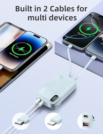 RORRY Portable Charger w/Wall Plug 10000mAh Power Bank 22.5W Battery Pack | Built in Cables, Fast Charging, for iPhone, iPad, Samsung Galaxy, Pixel, LG, Travel Essential, Digital Display, Pocket Size