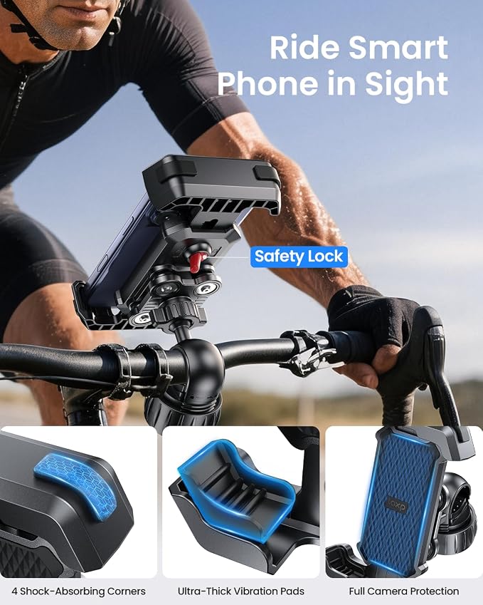 LOXP Anti-Shake Motorcycle Phone Mount - 2026 Dual Vibration Dampener, Universal Bike Phone Holder for iPhone 17/16/15/14/13 Series & Android 4.7-7”, Handlebar Mount for Bicycle/Motorbike/Scooter