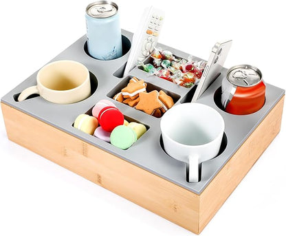 Yerliker Couch Cup Holder Tray, Silicone Lining Couch Caddy Waterproof Anti-spill Sofa Cup Holder for Bed Car Seat Organizer, Hold Mugs, Drinks, Snacks, Phones, Remotes(Rectangle,Grey,Bamboo)