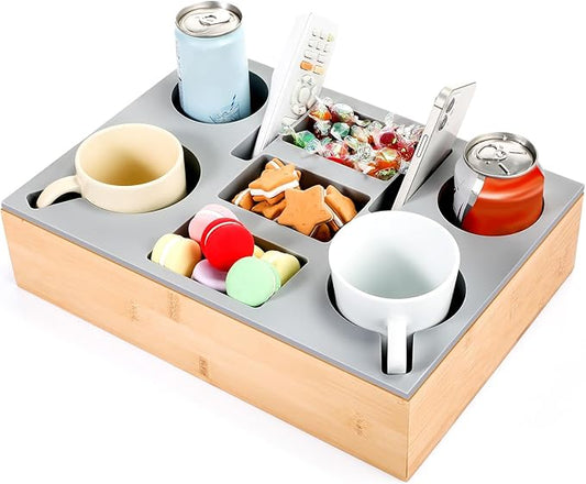 Yerliker Couch Cup Holder Tray, Silicone Lining Couch Caddy Waterproof Anti-spill Sofa Cup Holder for Bed Car Seat Organizer, Hold Mugs, Drinks, Snacks, Phones, Remotes(Rectangle,Grey,Bamboo)