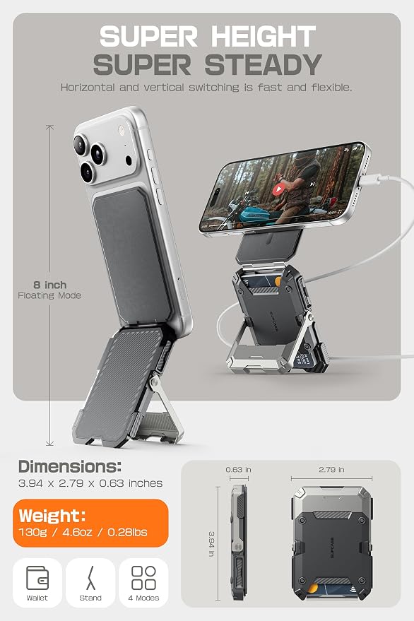 SUPCASE for MagSafe Wallet with Stand, Magnetic Wallet for Men, [Hold 5 Cards] [Adjustable Stand] [RFID Blocking] Phone Stand Credit Card Holder Tripod for iPhone 17/16/15/14/13/12 Series, Silver