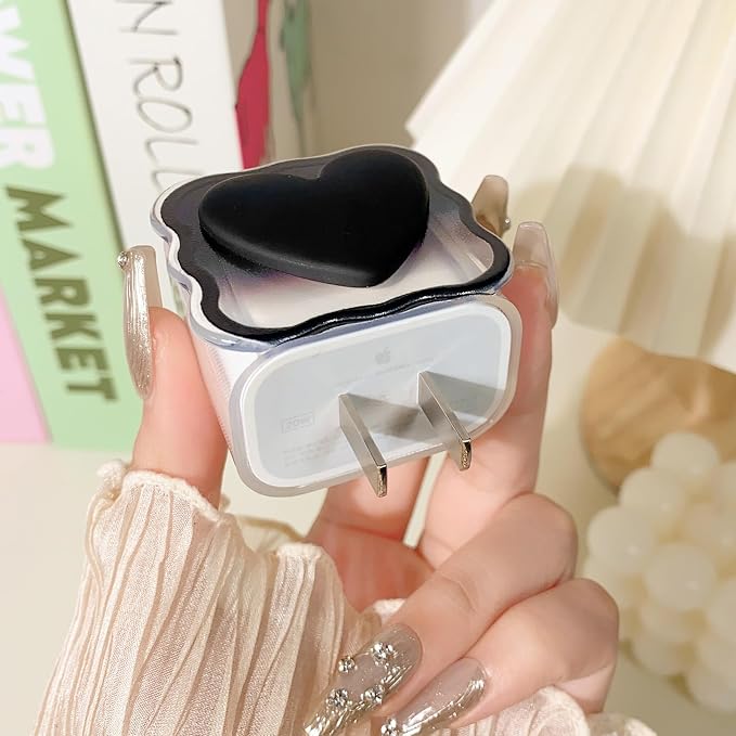 Lovmooful Compatible for iPhone 18W/20W USB-C Charger Cover Clear Lovely 3D Love Heart with Waves Design Soft Charger Protector Cute Cable Case Saver Protector for Girls Women-(Black Heart) 2