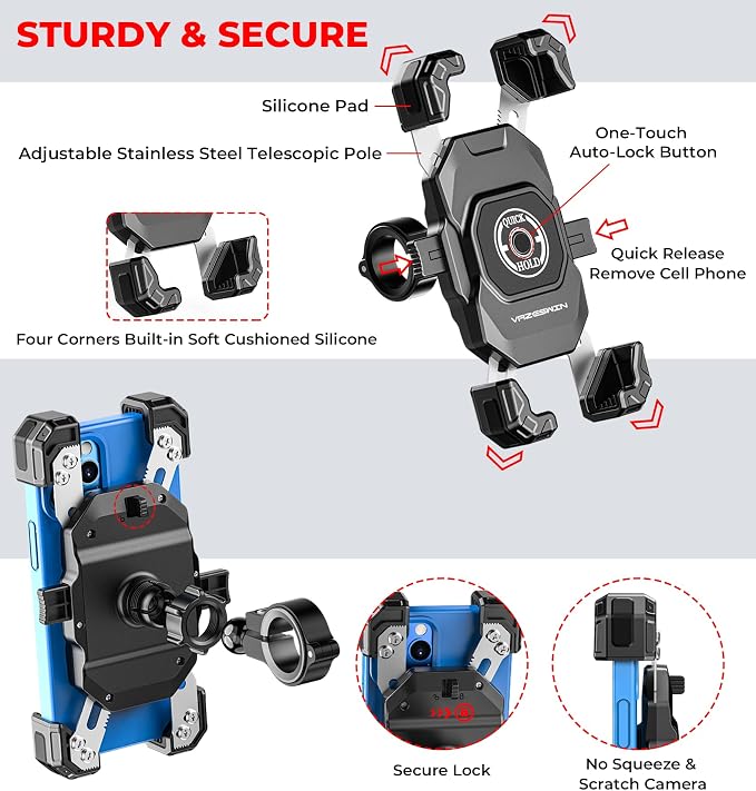 VAZESWIN Motorcycle Phone Mount, 1s Lock Bike Phone Holder, One-Handed Operation Motorcycle Cellphone Mount with Aluminum Alloy Handlebar Mounting Base for Bicycle Scooter, Fit 5.4"-7" Smartphone