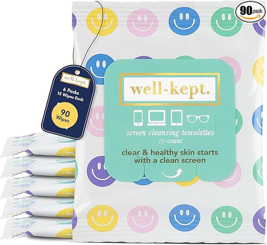 Well-Kept Tech & Lens Wipes - Eyeglass, Screen & Phone Cleaning, Multi-Surface, Lint-Free, Pre Moistened, Streak-Free & Non Scratching - All Smiles, 6 Pack (90 Count)