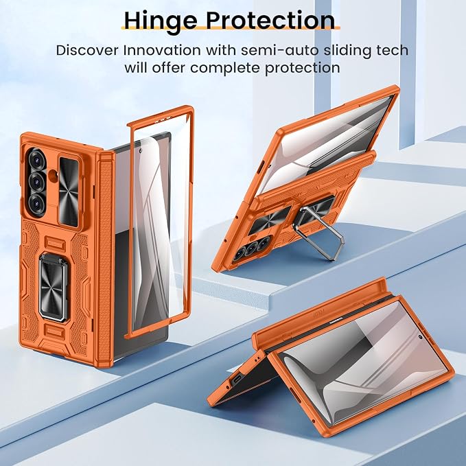 VEGO for Galaxy Z Fold 7 Phone Case with Screen Protector & Stand, Orange | Built-in Slide Lens Cover& Hinge Protection Heavy Duty Shockproof Drop Protection Rugged Hard Case for Samsung Z Fold 7