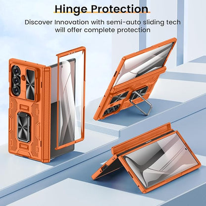 VEGO for Galaxy Z Fold 7 Phone Case with Screen Protector & Stand, Orange | Built-in Slide Lens Cover& Hinge Protection Heavy Duty Shockproof Drop Protection Rugged Hard Case for Samsung Z Fold 7