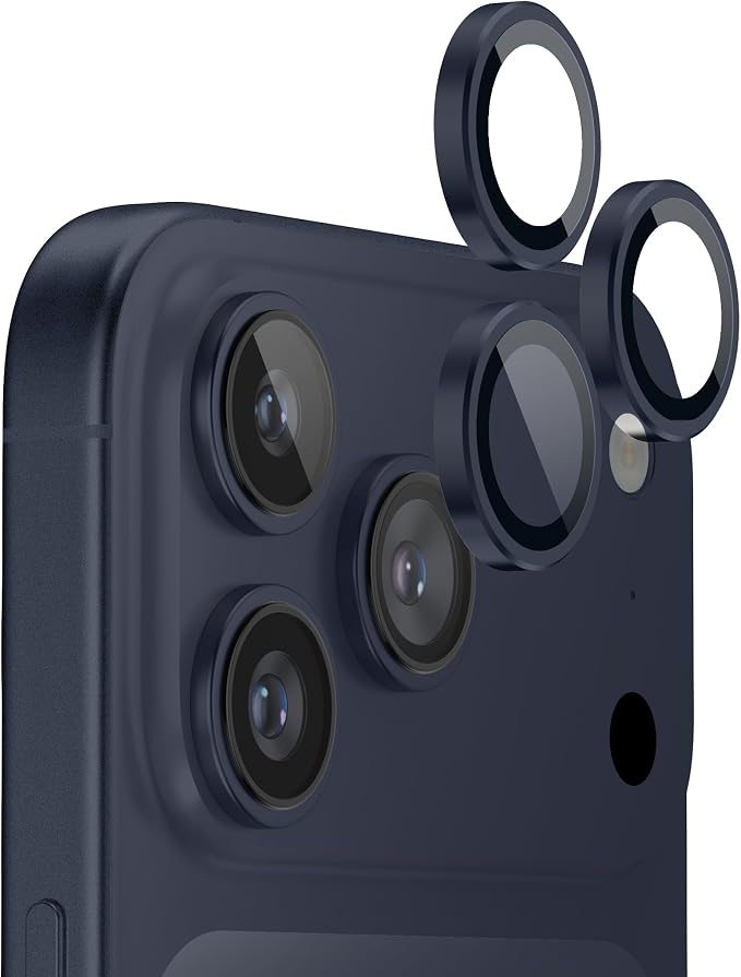 FLOLAB NanoArmour for iPhone 17 Pro Max/iPhone 17 Pro Camera Lens Protector - Anti-Reflective, Durable Tempered Glass with Aluminum Ring, TruColors, Ultra Clear, Easy Install - Deep Blue