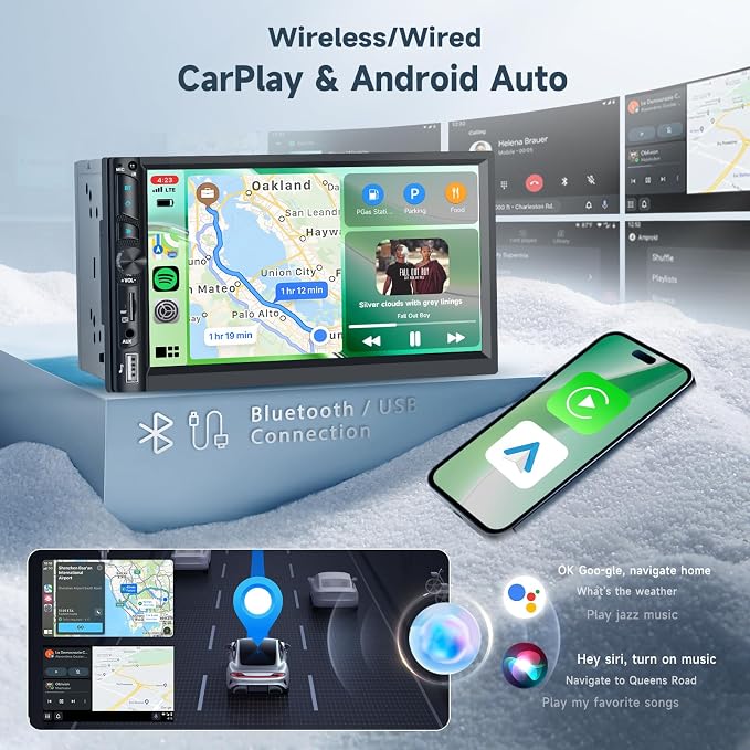 Double Din Car Stereo Radio with Wireless CarPlay Android Auto, 7 Inch HD Touch Screen Car Play Audio Receivers with Bluetooth, HD Backup Camera, FM, Mirror Link, USB/Type C/TF/AUX/SWC
