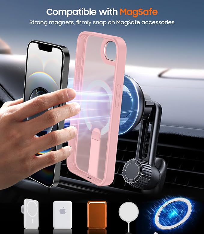 for iPhone 16e Case with Stand, Fit for MagSafe, Slim Translucent Matte Military-Grade Drop Protection Magnetic Kickstand Cover, Pink