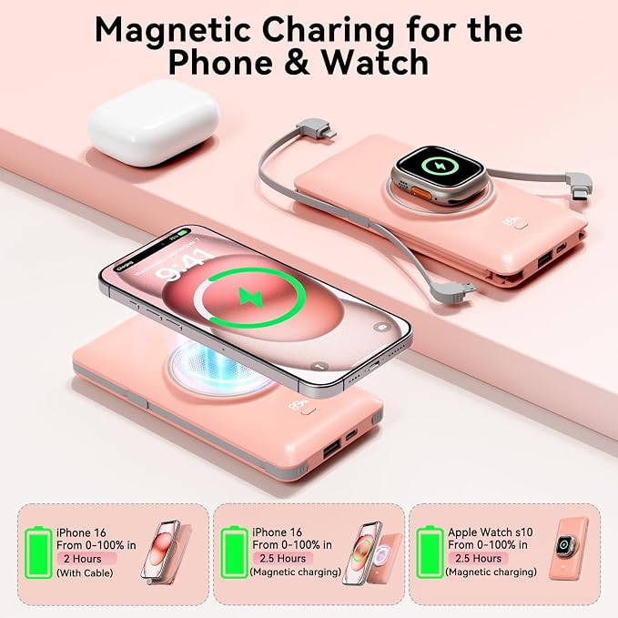 Magnetic 10000mAh Portable Charger for iWatch & iPhone, PD Fast Charging Wireless Power Bank Built-in Cables and Wall Plug, External Travel Battery Pack Compatible with iOS Android Phones