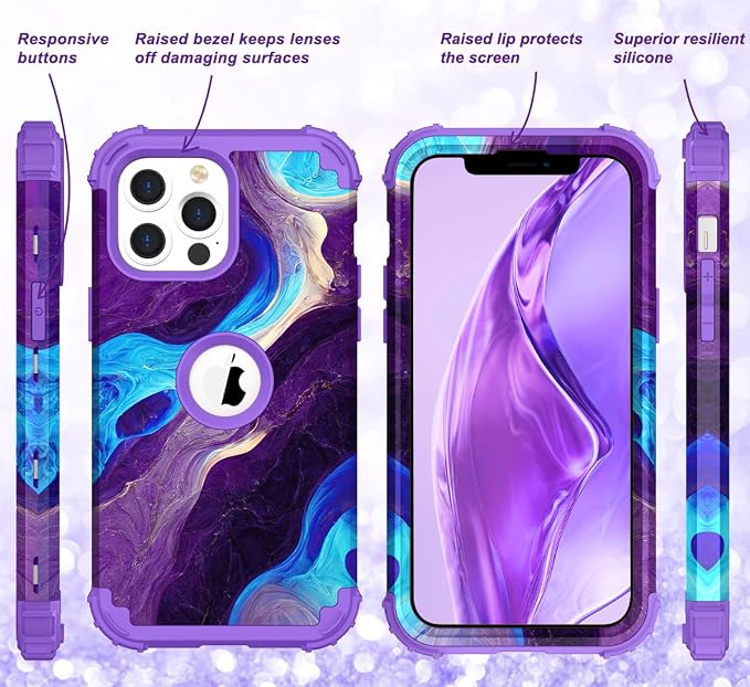 Hocase for iPhone 13 Pro Case, Heavy Duty Shockproof Protection Soft Silicone Rubber+Hard Plastic Bumpers Hybrid Protective Case for iPhone 13 Pro 6.1" 2021 - Blue Purple Marble
