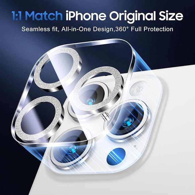 UniqueMe for 3 Pack iPhone 15 Pro/iPhone 15 Pro Max Camera Lens Protector, [Drop Protection] [Case Friendly] 9H Tempered Glass Camera Cover Screen [Update New Version] - Glitter Silver