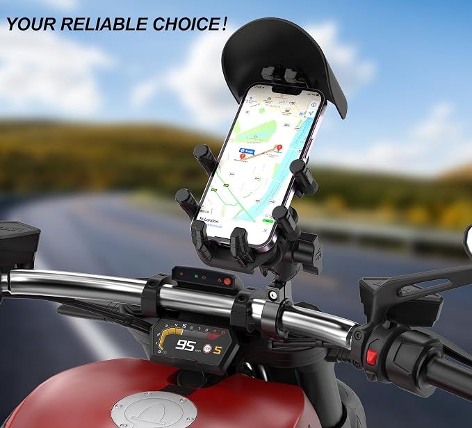 iMESTOU Anti-Vibration Motorcycle Phone Mount, Shock Damping Bike Cellphone Holder with 1" Ball Mount Base 720° Rotatable Fits for 12-32mm Handlebars, Widely Compatible with 5.4"-7.0" Smartphones