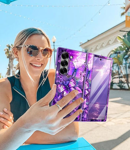Btscase for Samsung Galaxy Z Fold 6 Case,Built in Front Screen Protector,Gold Glitter Marble Pattern Hard PC Slim Shockproof Full Body Drop Protective Case for Galaxy Z Fold 6 5G, Purple Butterfly